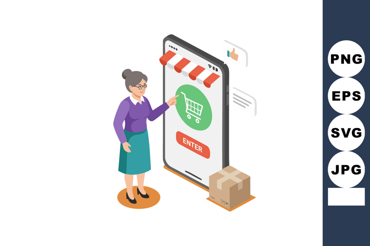 Woman shopping online using mobile app with shopping cart ic
