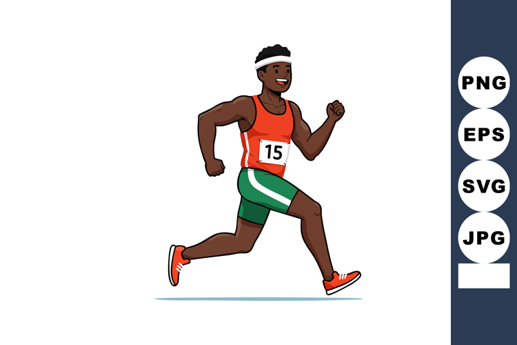Male athlete running sprint race in orange vest and green sh