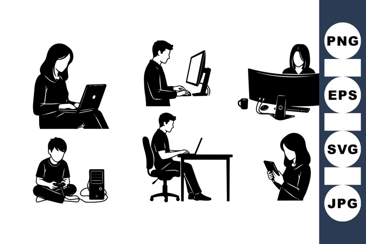 Remote Work Silhouettes Vector Clipart Illustrations