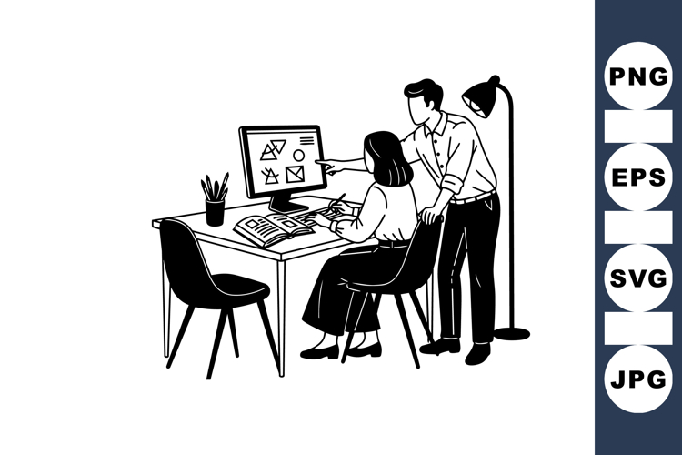 Black White Office Team Collaboration Illustration
