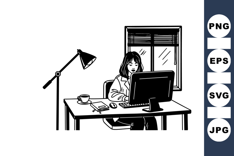 Black And White Woman Working At Desk Illustration