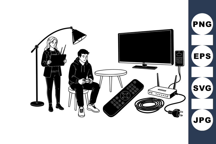 Black And White Home Entertainment Vector Illustration