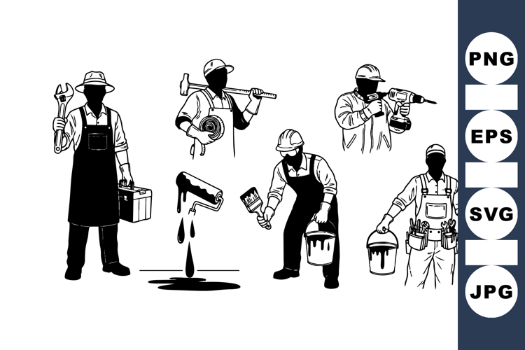 Silhouette Construction Worker Tools Graphic Illustration