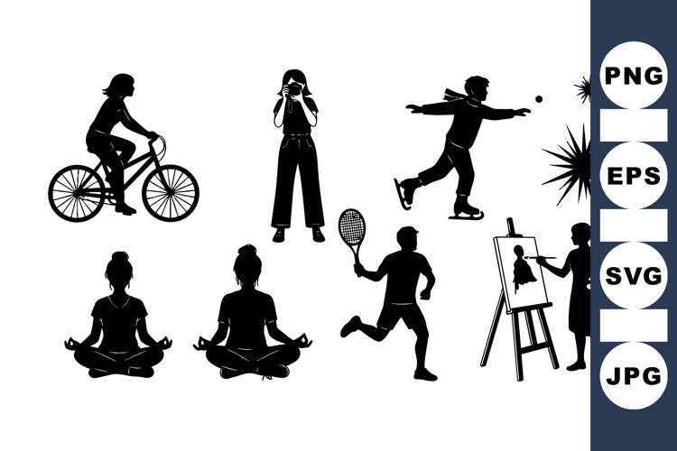 Vector Silhouette Clipart of Active Women Doing Sports