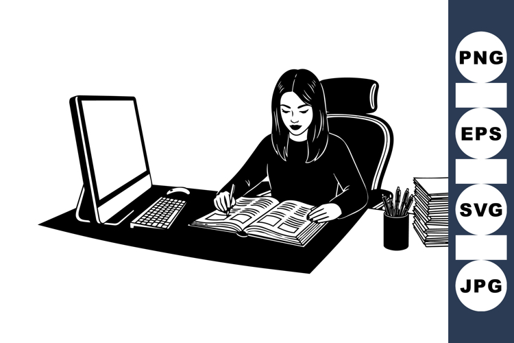 Black And White Woman Working At Office Vector Illustration