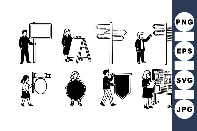 Hand Drawn People Holding Various Signage Icons
