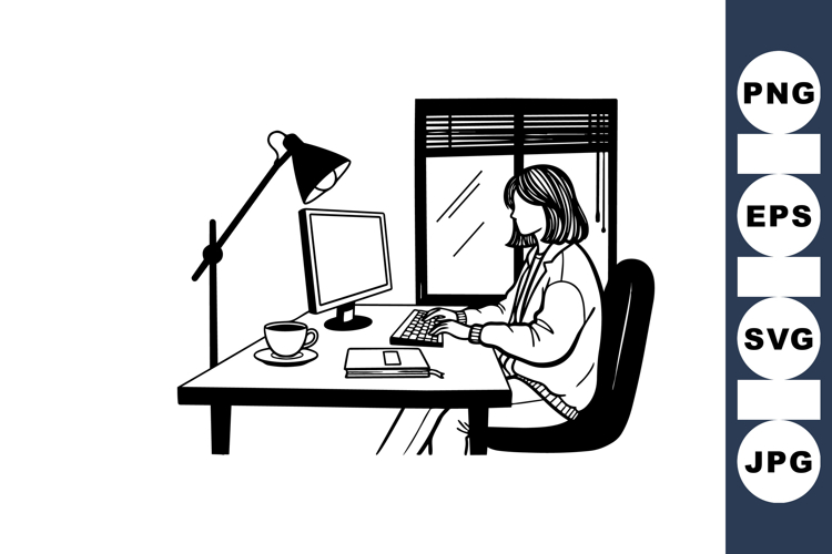 Hand Drawn Woman Working At Desk Clipart
