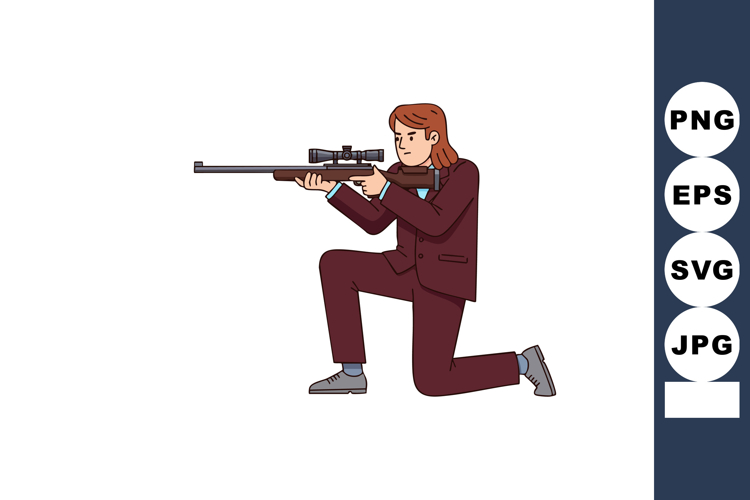 Man in suit aiming with sniper rifle in kneeling shooting po