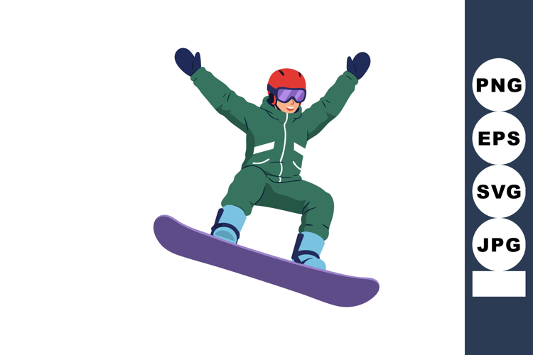 Snowboarder in green outfit performing jump on purple snowbo