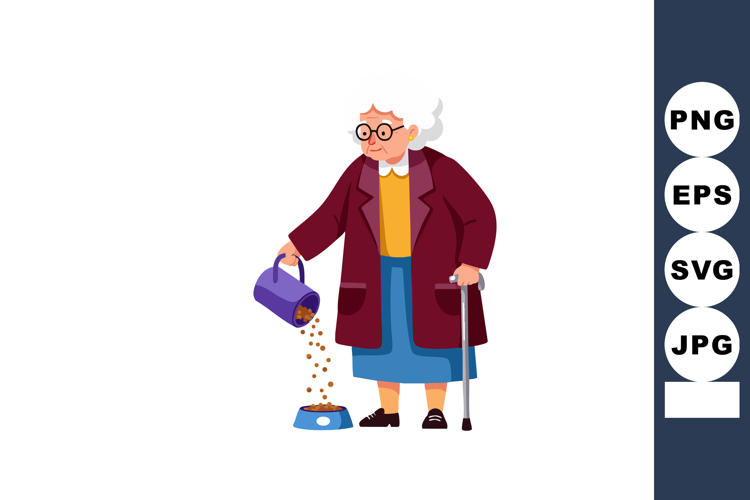 Elderly woman feeding dog food with walking cane and purple
