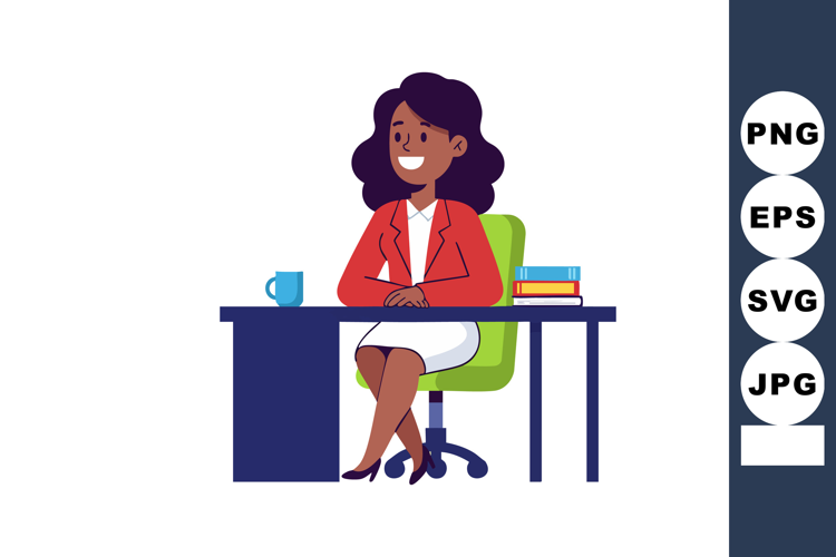 Professional businesswoman sitting at desk with books and co