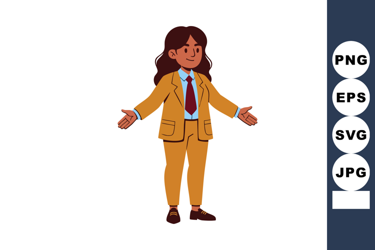 Woman in brown suit with blue shirt and red tie welcoming ge