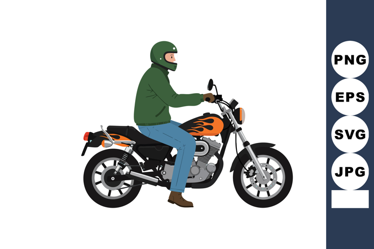 Motorcyclist riding orange flame detailed motorcycle in gree