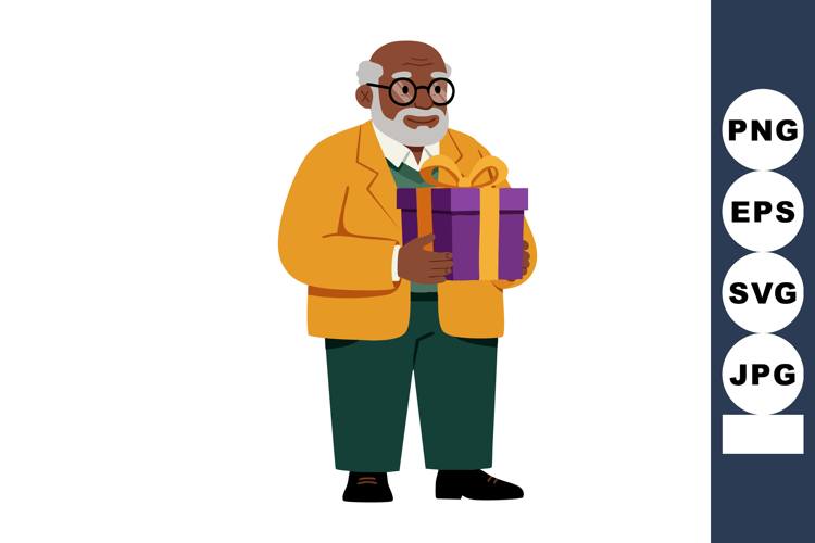 Elderly man holding purple and yellow gift box vector illust
