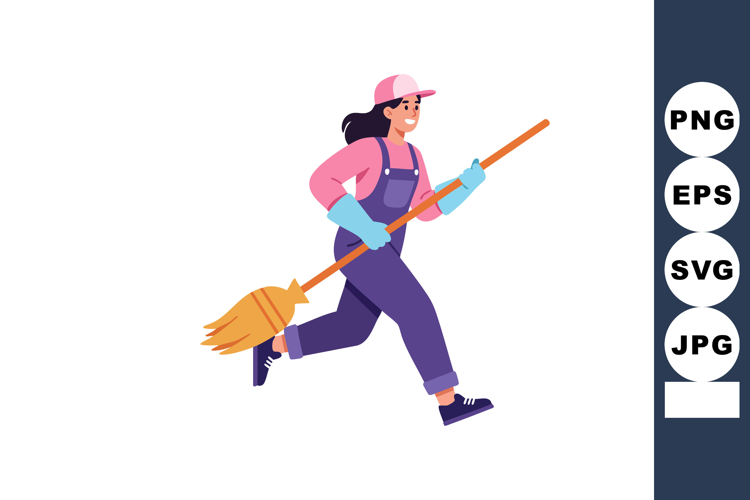 Woman running with broom in purple overalls and pink cap vec