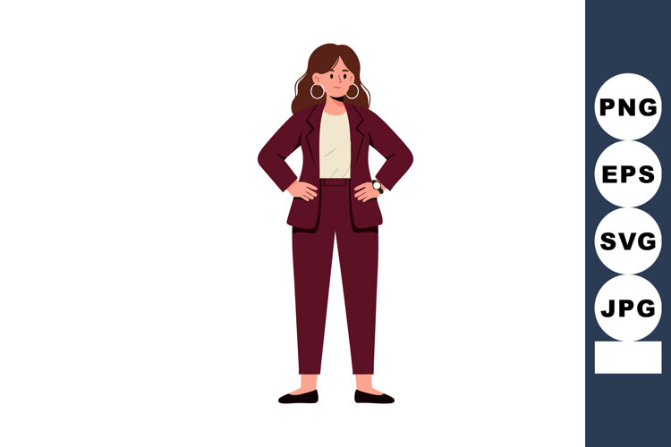 Woman in burgundy suit standing with hands on hips confident example image 1