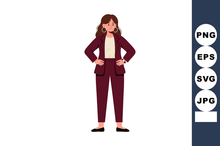 Woman in burgundy suit standing with hands on hips confident