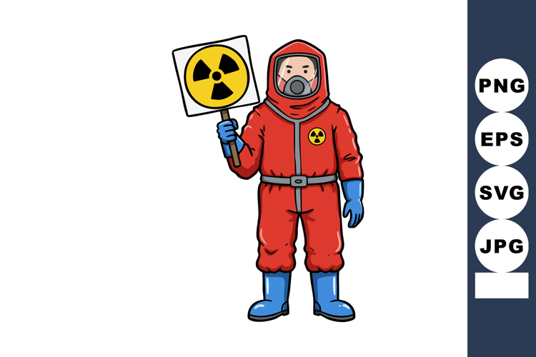 Person in red hazmat suit holding radiation warning sign vec