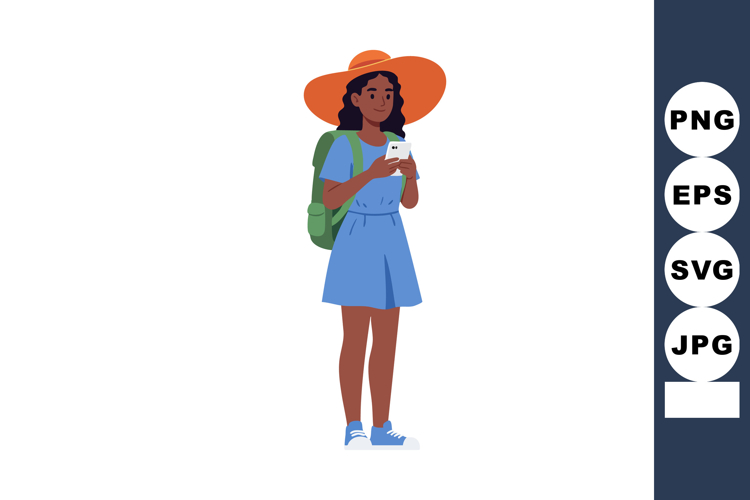 Young woman with backpack and hat using smartphone in casual