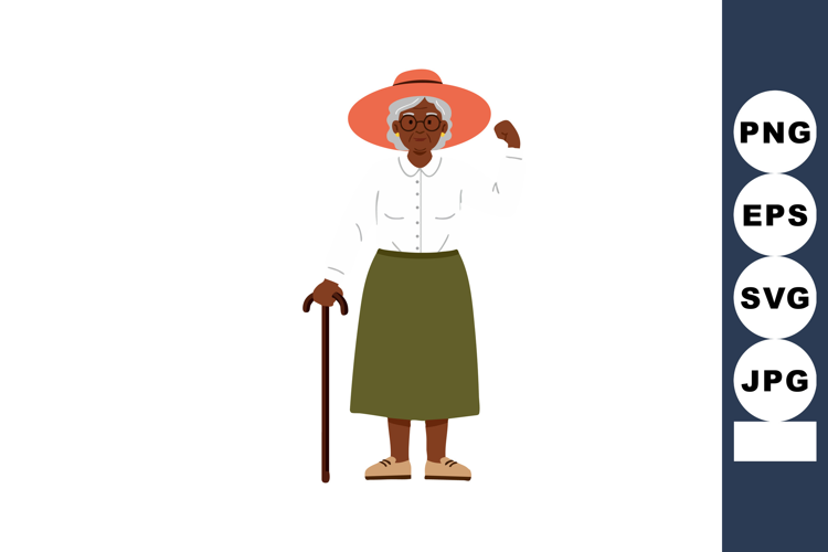 Elderly woman standing with walking cane and wearing orange