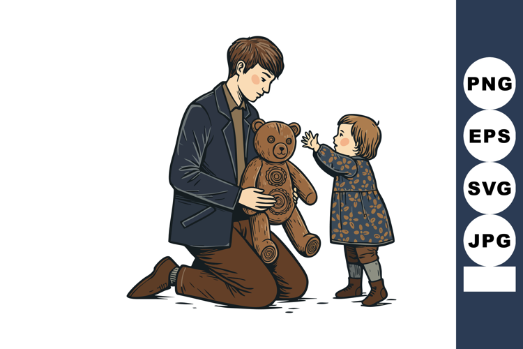 Father and toddler daughter playing with brown teddy bear to