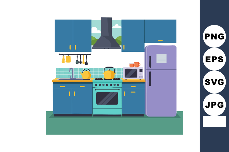 Modern kitchen interior with blue cabinets purple refrigerat