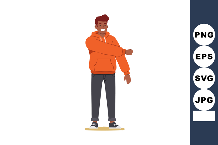 Young man stretching arm in casual orange hoodie and dark pa