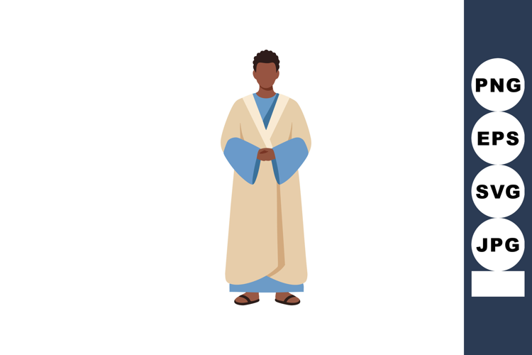 Man wearing traditional beige and blue robe standing with ha