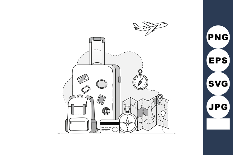 Travel essentials vector with suitcase backpack map compass