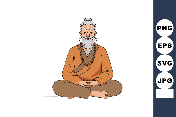 Elderly man meditating in lotus pose wearing traditional rob