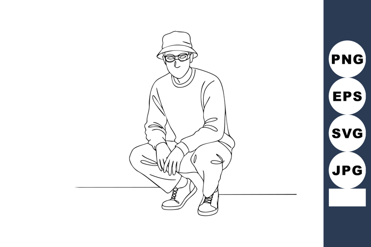 Young man in bucket hat and glasses crouching casual pose li
