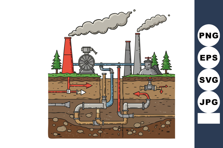 Industrial factory with underground pipes and smoke stacks e