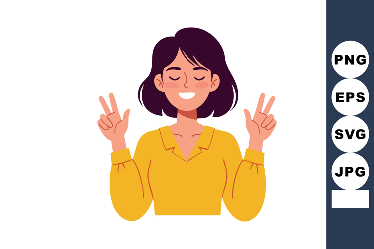 Woman showing peace sign with both hands smiling happily in