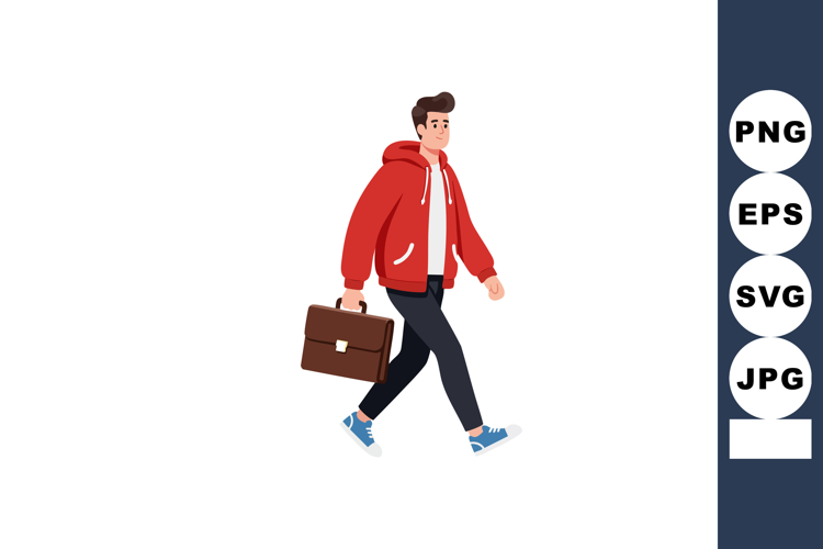 Young man walking with briefcase wearing red hoodie and blue