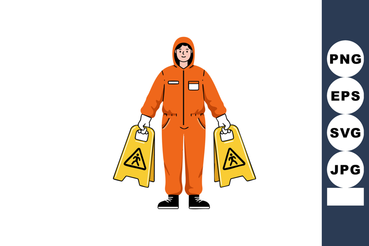 Worker in orange safety uniform holding caution wet floor si