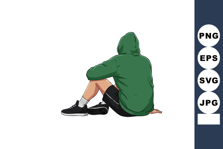 Person sitting in green hoodie and black shorts vector illus
