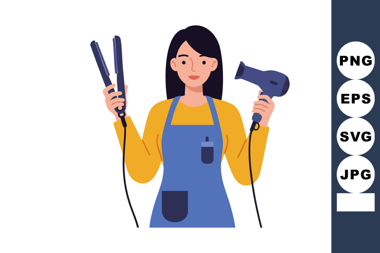 Woman holding hair dryer and hair straightener in blue apron
