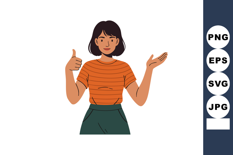 Woman with thumbs up gesture and open hand wearing orange st