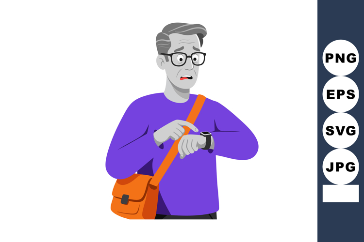 Older man looking worried checking time on smartwatch with o