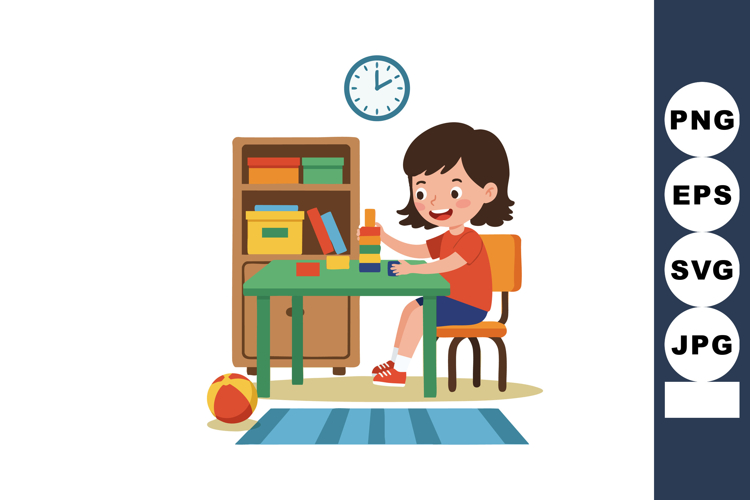 Child playing with colorful blocks at home table with booksh