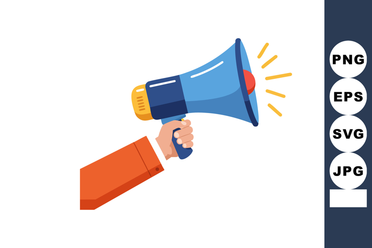 Megaphone held by human hand with orange sleeve shouting ann
