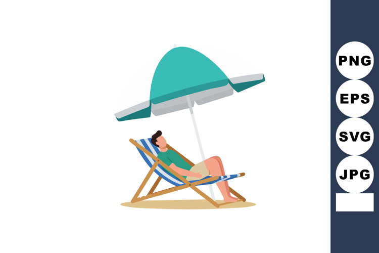Man Relaxing on Beach Chair Under Blue Sun Umbrella Summer V