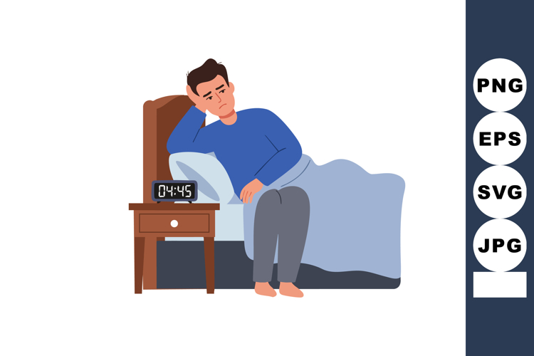 Insomnia man sitting on bed at early morning struggling to s