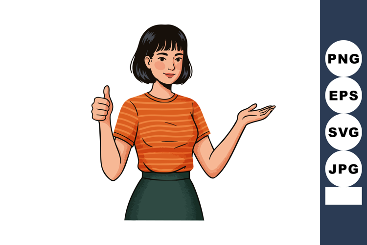 Young woman in orange striped shirt showing thumbs up and pr