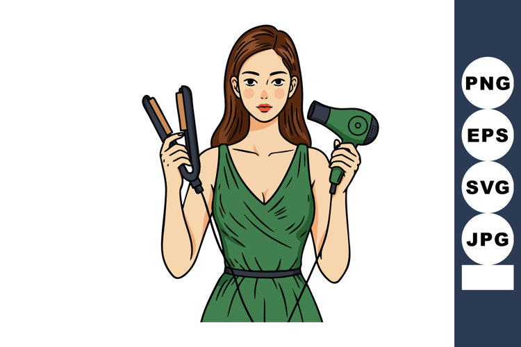 Woman using hair straightener and hair dryer for styling hai