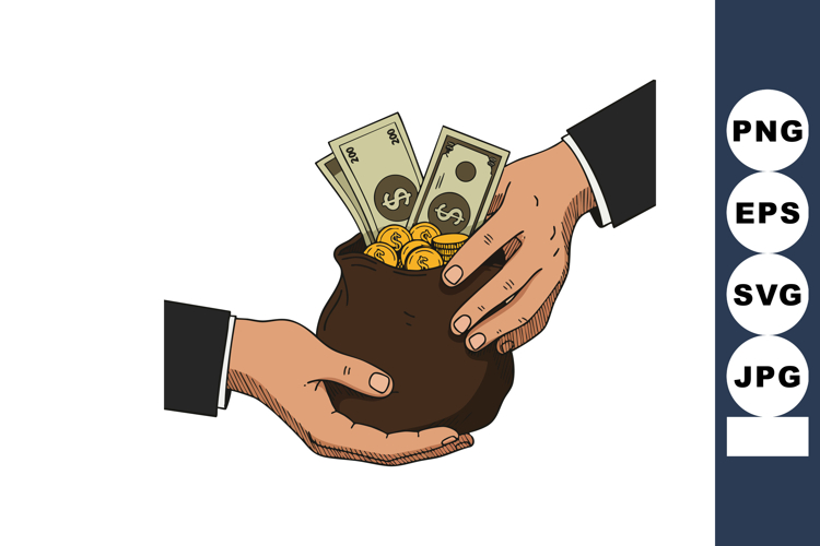 Hands exchanging money bag with coins and dollar bills finan