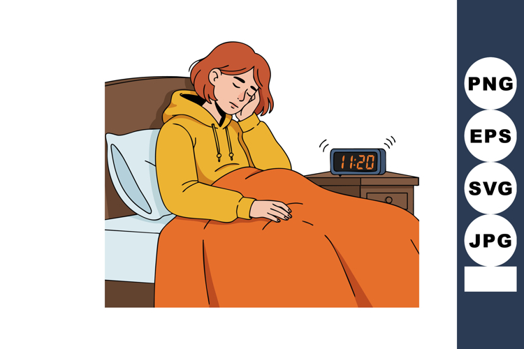 Woman feeling tired waking up early morning in bed with alar