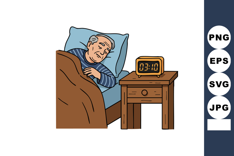 Elderly man sleeping peacefully in bed with digital clock sh