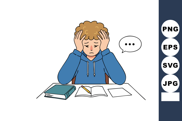 Stressed young man with curly hair sitting at desk with book