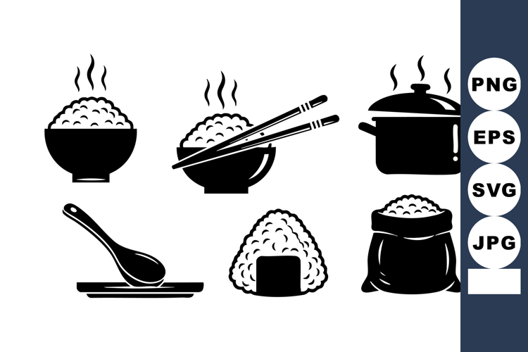 Black Silhouette Rice Cooking Serving Icons Set